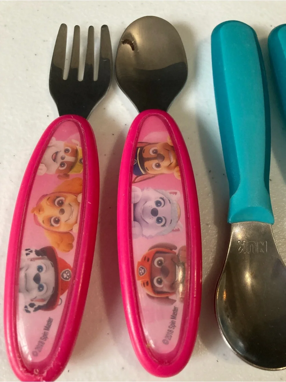 Kids Stainless Steel Utensil Set - Pink & Teal Handles Paw Patrol Spoon & Fork